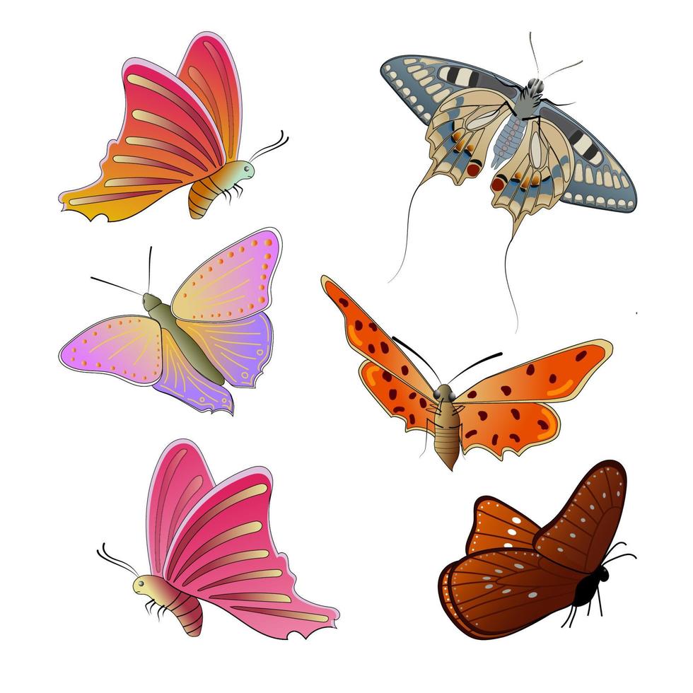 Reihe von bunten Schmetterlingen isoliert auf weißem Hintergrund. fliegende schmetterlinge. bunte Schmetterlinge mit schönen Mustern auf den Flügeln. Vektor eps10.