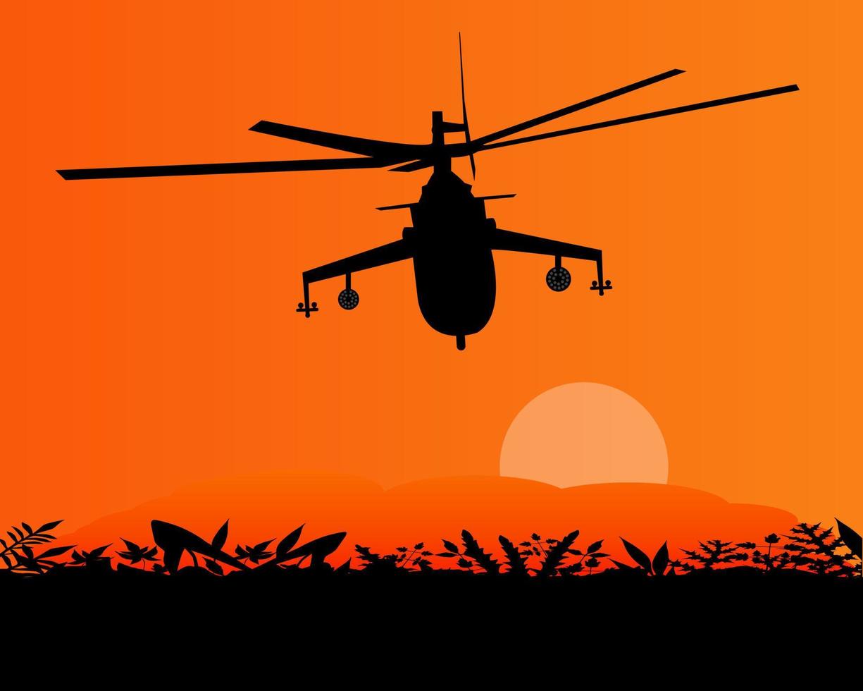 militär helikopter flygande i de himmel solnedgång vektor