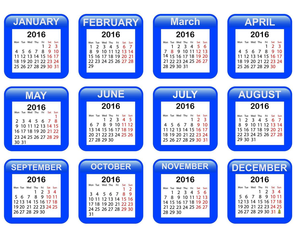 ein vollständiger Kalender für das Jahr 2016 auf weißem Hintergrund vektor