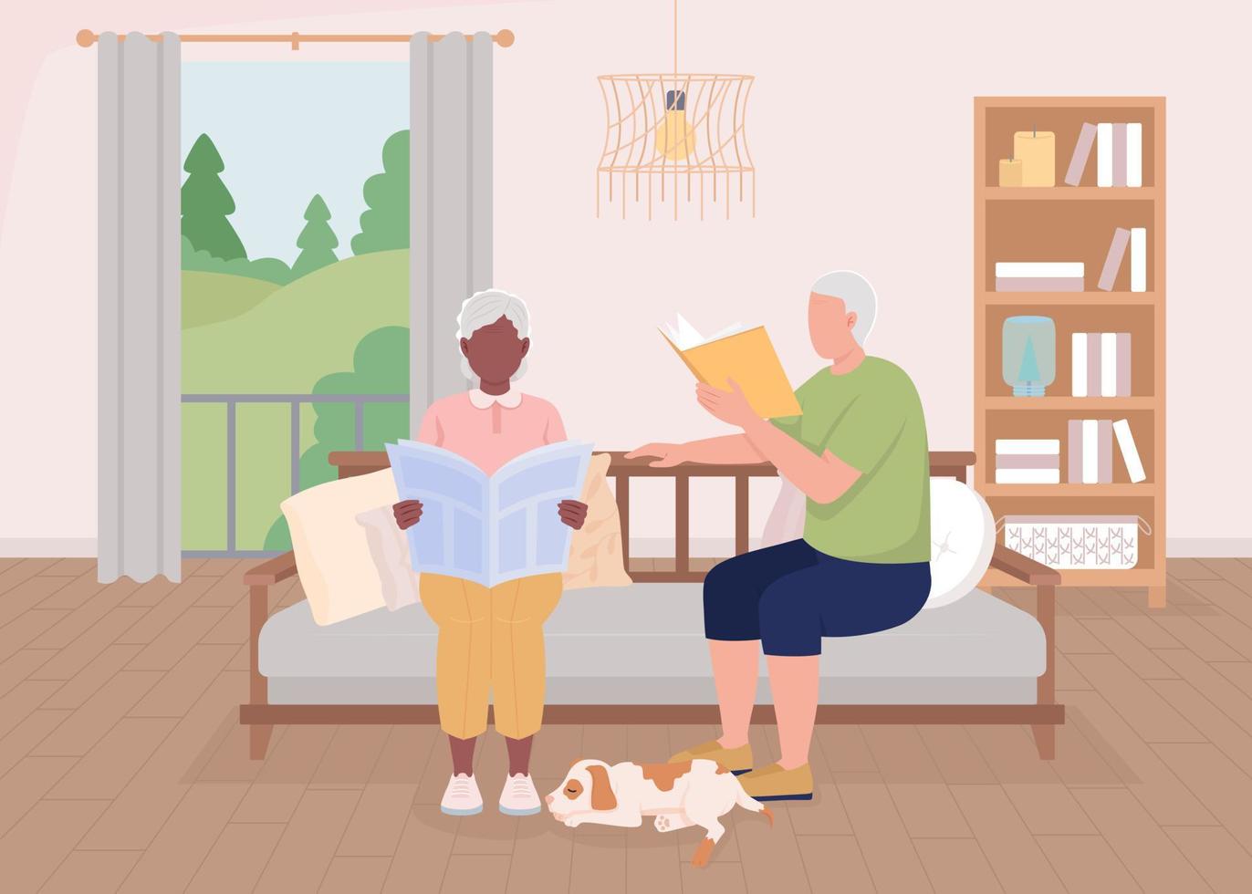 ältere paare, die zu hause flache farbvektorillustration lesen. Ehefrau und Ehemann ruhen sich auf dem Sofa aus. häuslicher Lebensstil. vollständig bearbeitbare einfache 2d-zeichentrickfiguren mit wohnzimmer im hintergrund vektor