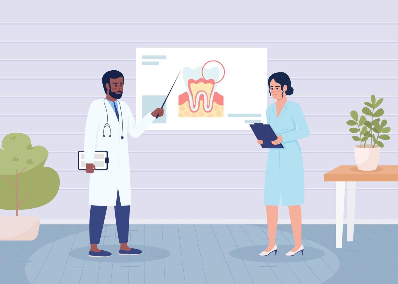 tandläkare på medicinsk konferens platt Färg vektor illustration. presentation av förnya behandling. dental terapi. fullt redigerbar 2d enkel tecknad serie tecken med tand bild på bakgrund