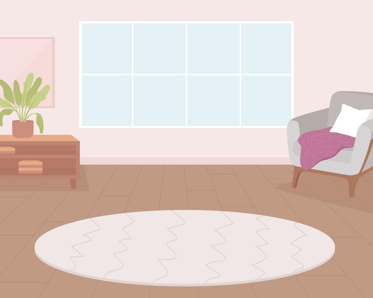 runder teppich in der flachen farbvektorillustration des leeren wohnzimmers. Wohndeko-Idee. minimalistische Residenz zu vermieten. vollständig bearbeitbares 2D einfaches Cartoon-Interieur mit Fenster im Hintergrund vektor