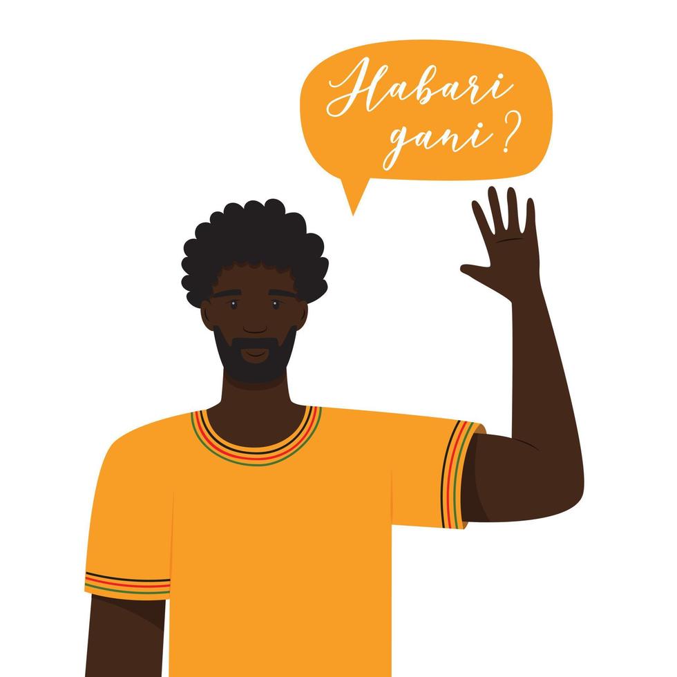 en ung afrikansk man i en gul t-shirt vågor hans hand. habari gani i swahili betyder Vad är s ny. en traditionell hälsning under de kwanzaa firande. platt vektor illustration isolerat på vit