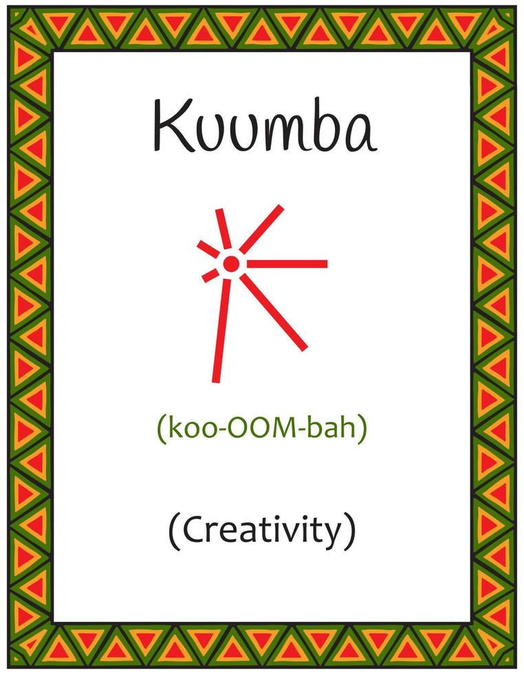 eine Karte mit einem der Kwanzaa-Prinzipien. symbol kuumba bedeutet kreativität auf suaheli. Poster mit einem ethnischen afrikanischen Muster in traditionellen Farben. Vektor-Illustration vektor