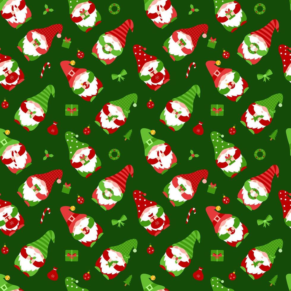sömlös mönster med små nisser i kepsar. söt jul älva tecken innehav gåva, godis, jul boll.platt vektor element för tyg, tapet, omslag papper. jul dvärgar på mörk grön