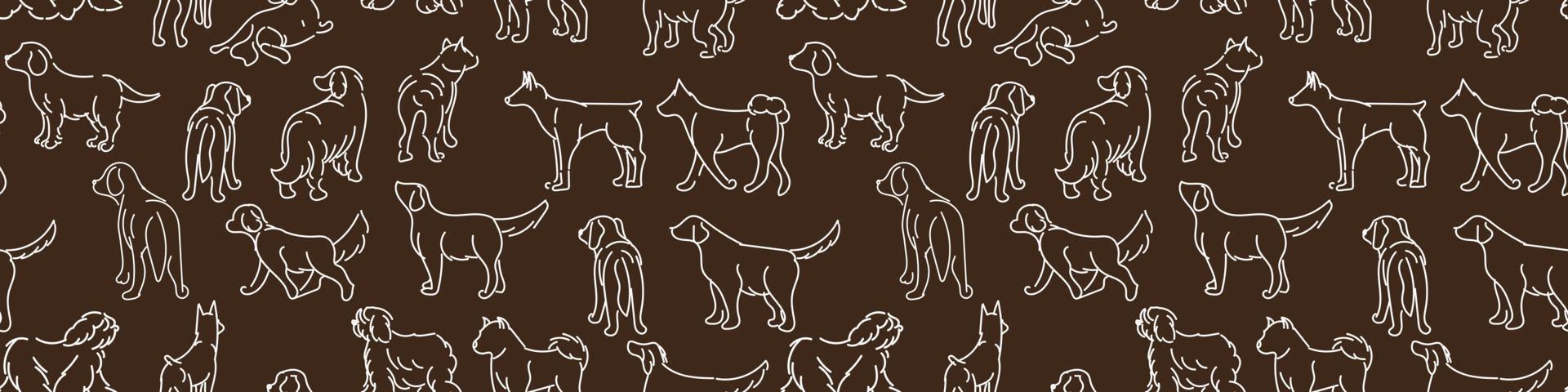 Muster schwarze Zeichnung mit Hunden in verschiedenen Posen. Strichgrafiken auf dunklem Hintergrund. helle linien auf dunkel. geeignet zum Bedrucken von Papier und Textilien. Geschenkverpackung, Kleidung. vektor