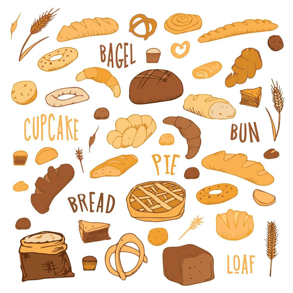 Krisenessen Zeichnung Vollkorn- und Weizenbrot, Brezel, Muffin, Fladenbrot, Ciabatta, Croissant, Bagel, Toastbrot, französisches Baguette zur Dekoration der Bäckereikarte. Vektor-Illustration. vektor