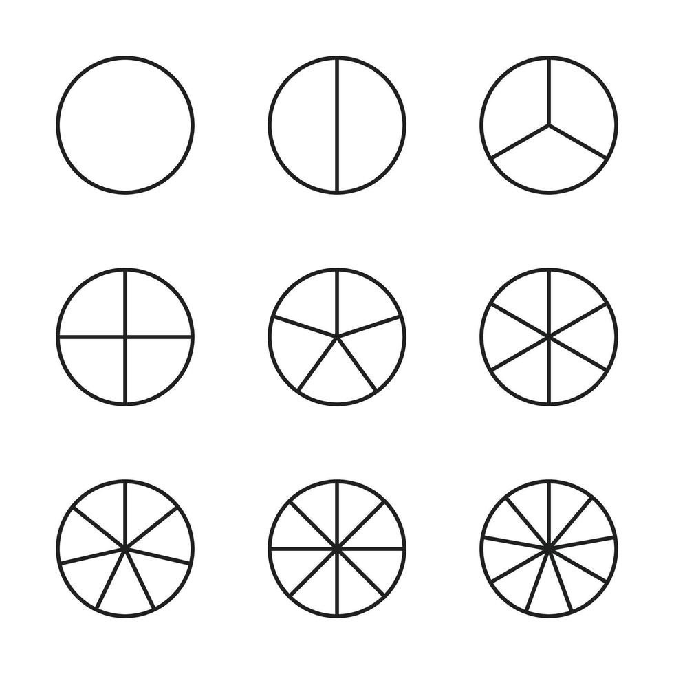 fraktionerad cirkel linje Diagram ikon. förhållande och några linjär vektor ikoner. de runda form av en paj eller pizza är skära in i likvärdig skivor. linjär illustration av en enkel företag Diagram eller för utbildning.