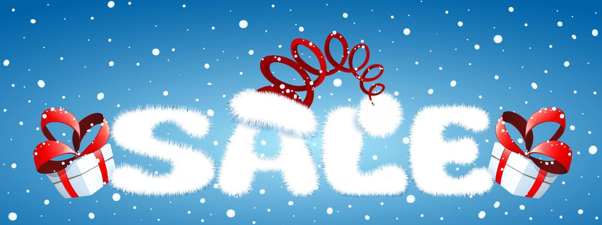 söt fluffig vit tecknad serie text försäljning med santa claus hatt och gåva låda . jul, ny år, försäljning begrepp vektor