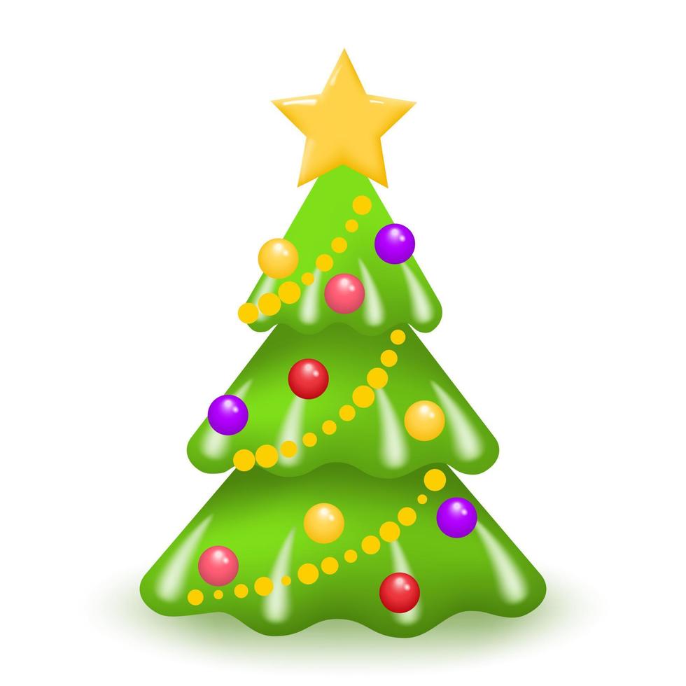 jul dekorerad träd. grön tall eller gran träd med gyllene stjärna, bollar och krans isolerat på vit bakgrund. glad jul och Lycklig ny år. vektor illustration.