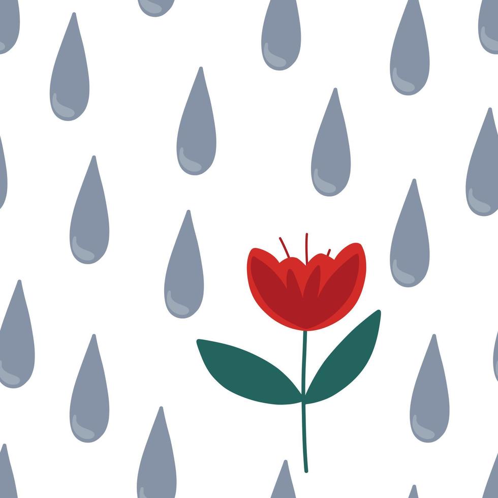 sömlös, ändlös mönster av röd blomma och regndroppar vektor