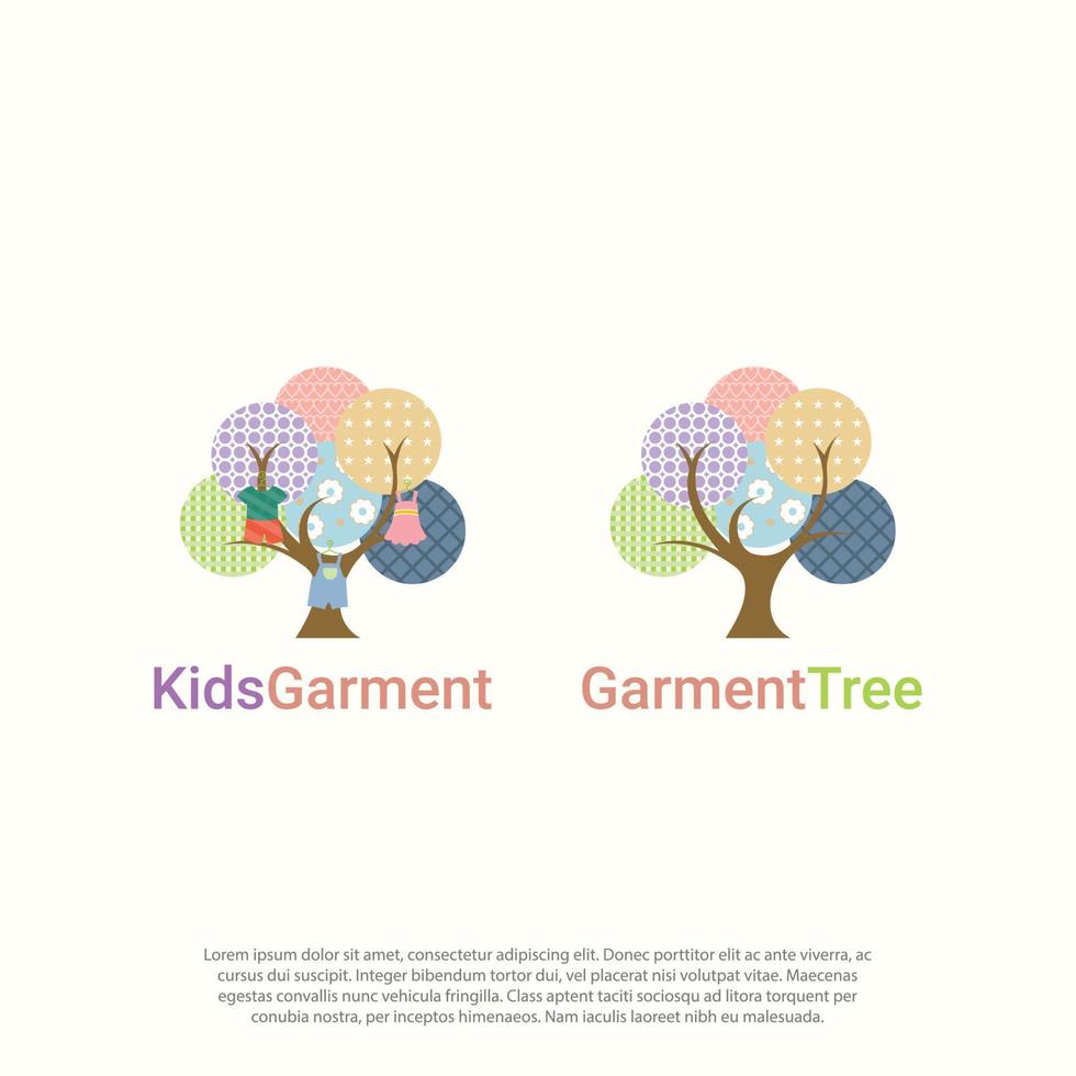 Kinder lagern Kleidung, die am Baum hängt, oder einfach nur Baum mit Stoff- oder Stoffblatt-Logo-Designvektor vektor