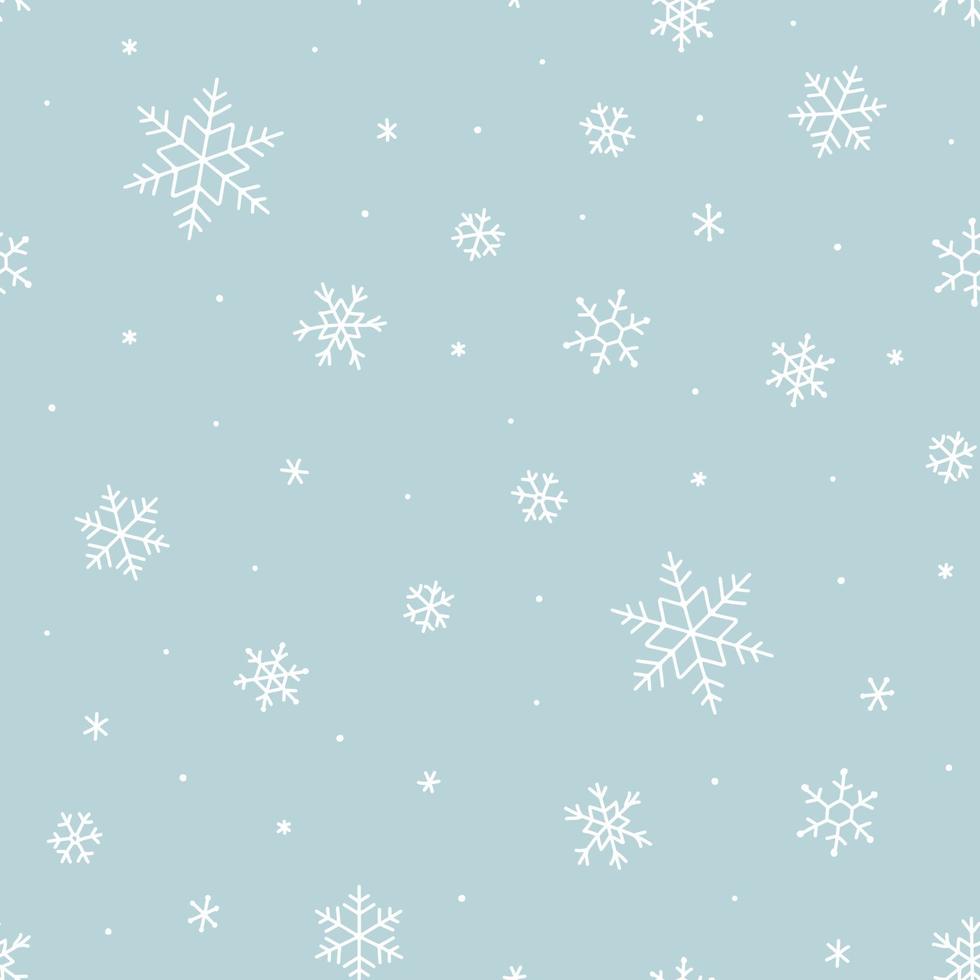 snöig vinter- sömlös mönster av hand dragen snö flingor på ljus blå bakgrund vektor