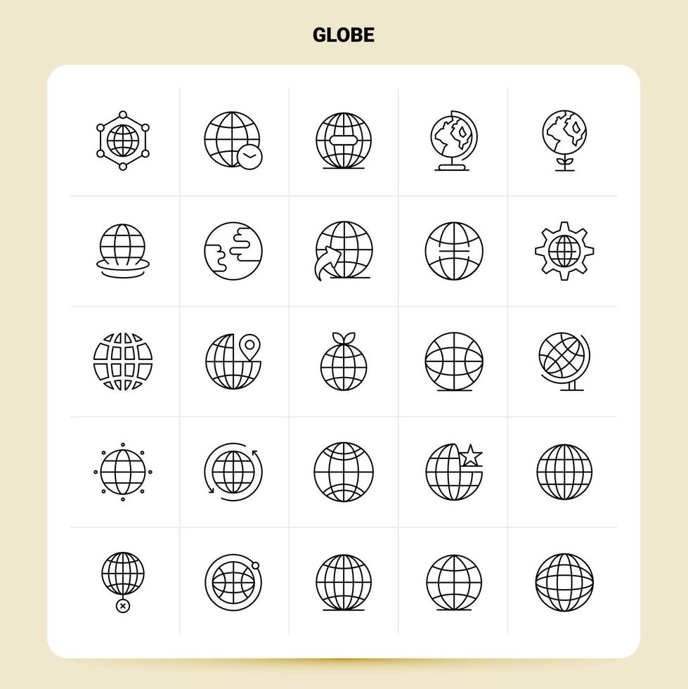 Umriss 25 Globus Icon Set Vektor Linienstil Design schwarze Icons Set lineare Piktogramm Pack Web und mobile Geschäftsideen Design Vektor Illustration