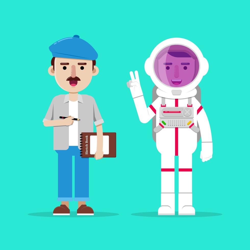 vektor illustration av en tecknad serie karaktär med annorlunda yrken, ett astronaut och ett konstnär.