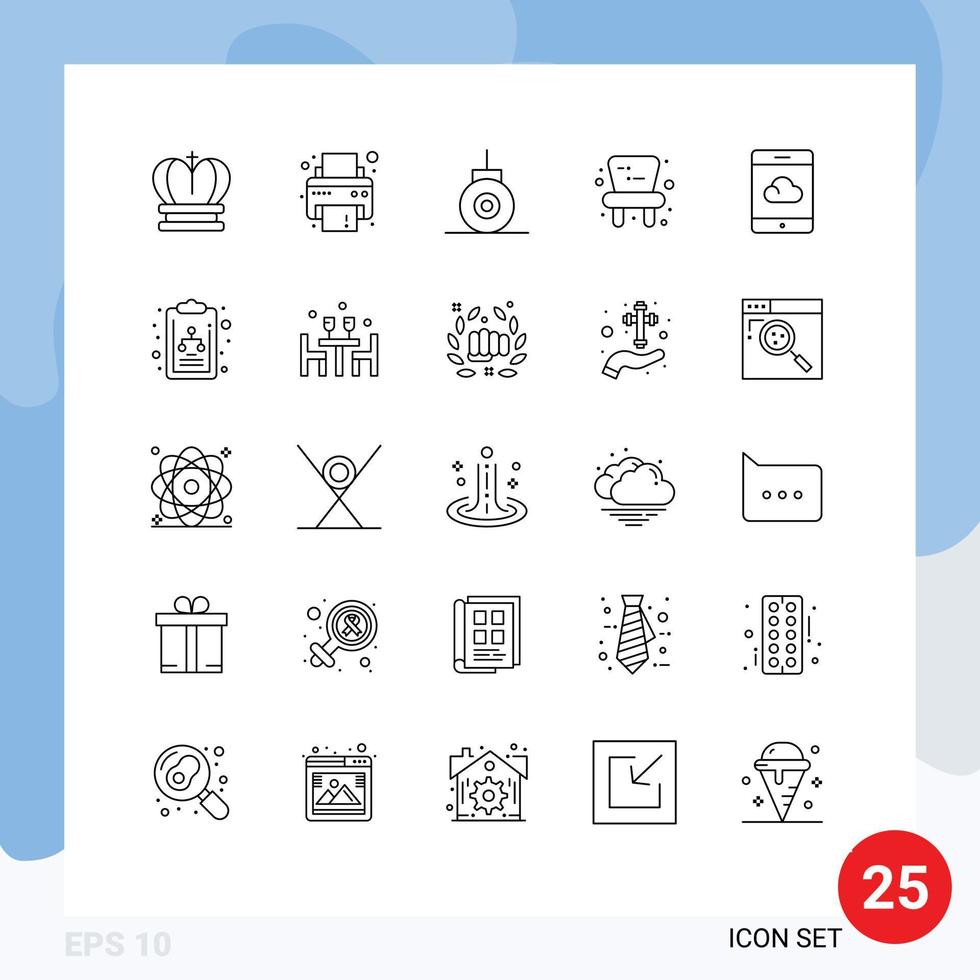 Stock Vector Icon Pack mit 25 Linienzeichen und Symbolen für Diagramm Smartphone Bathyscaphe Cloud Toy editierbare Vektordesign-Elemente