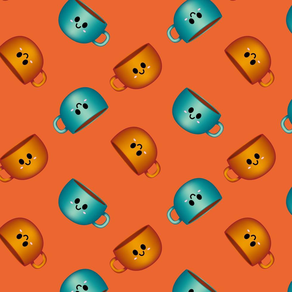 sich wiederholendes Muster von niedlichen Cartoon-orangen und blauen Tassen auf orangefarbenem Hintergrund vektor