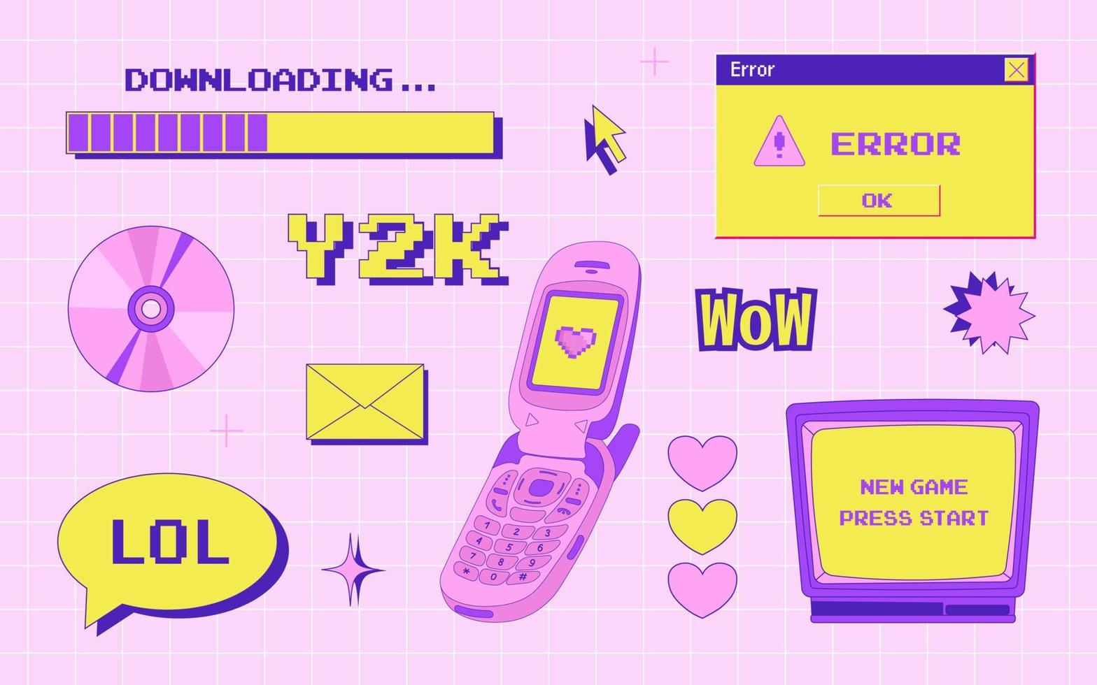 y2k trendig uppsättning av objekt, gammal dator gränssnitt, retro pc element, 1990 2000-talet stil, flip telefon, CD disk, gammal tv, pixel hjärta, nostalgi, vektor illustration
