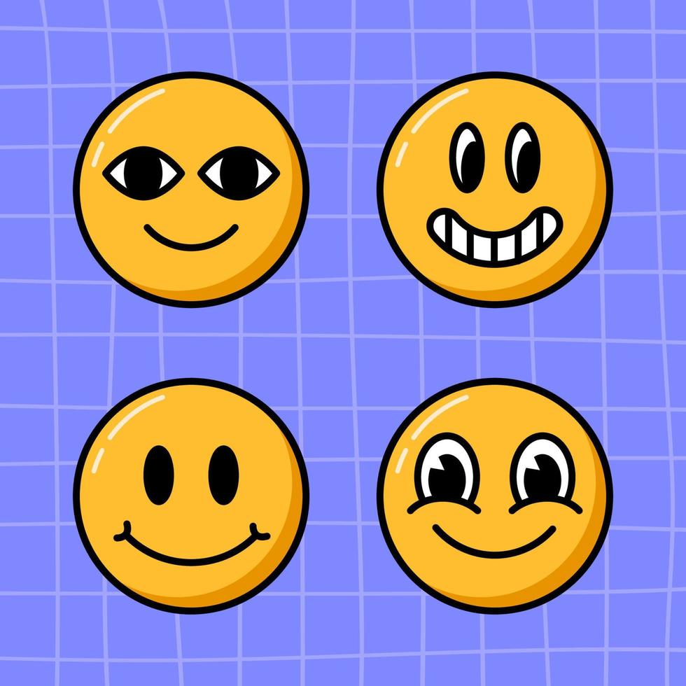 Vektor grooviges Lächeln Gesichter Sammlung. Cartoon-Emoji im Stil der 80er Jahre auf kariertem violettem Hintergrund