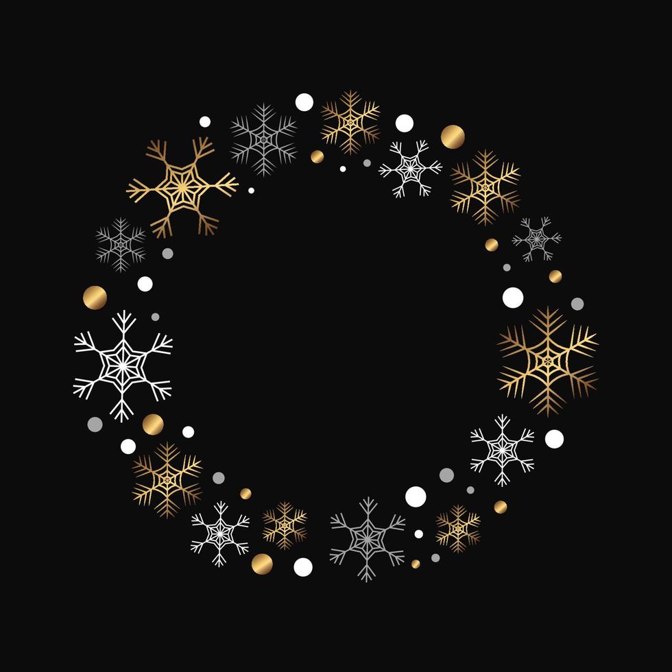Vektor runder Rahmen mit Schneeflocken und Punkten. isolierte goldene und weiße schneeflocken, die in einem kreis angeordnet sind. Goldkollektion für Winterdekor. feiertagskranz für neujahrsdesign