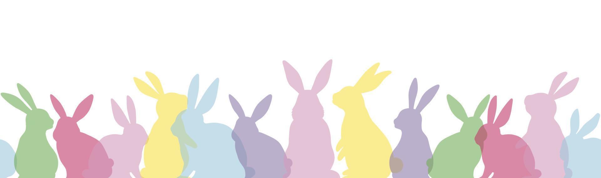 Frohe Ostern Vektor nahtloser Hintergrund mit bunten Osterhasen Silhouette isoliert auf weißem Hintergrund. horizontal wiederholbar.