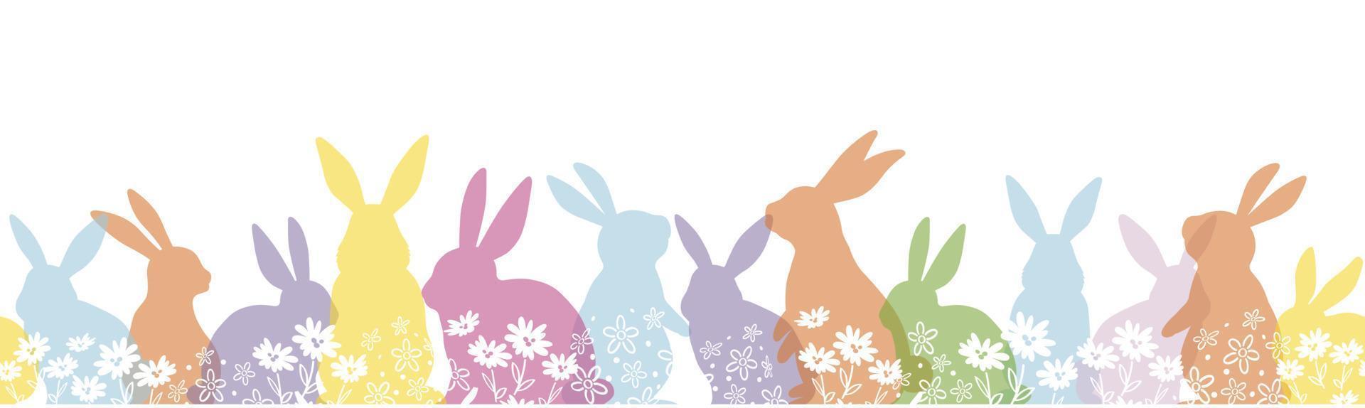 Lycklig påsk vektor sömlös bakgrund med färgrik påsk kanin silhuett isolerat på en vit bakgrund. vågrätt repeterbar.