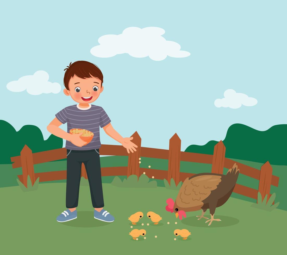 Lycklig liten pojke matning kycklingar på de bruka vektor