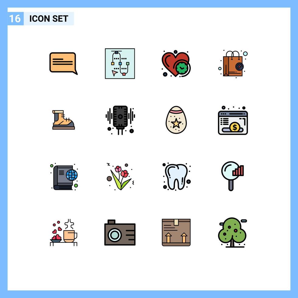 Piktogramm-Set aus 16 einfachen, flachen, farbgefüllten Linien von Wanderschuhen, die online editierbare kreative Vektordesign-Elemente einkaufen vektor