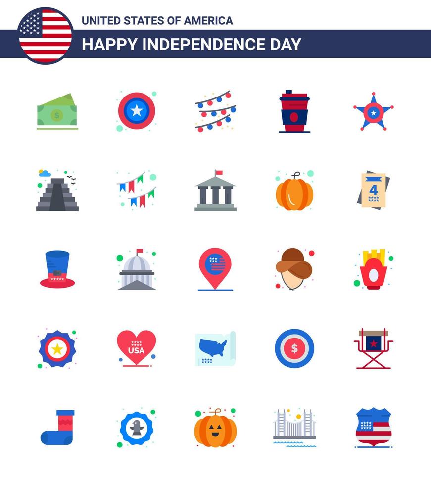 Happy Independence Day Pack mit 25 Flats Zeichen und Symbolen für Star Men Ammern Usa Drink editierbare Usa Day Vektor Design Elemente