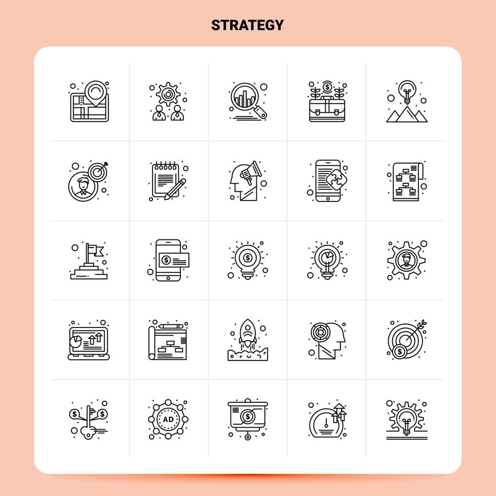 Umriss 25 Strategie Icon Set Vektor Linienstil Design schwarze Icons Set lineare Piktogramm Pack Web und mobile Geschäftsideen Design Vektor Illustration