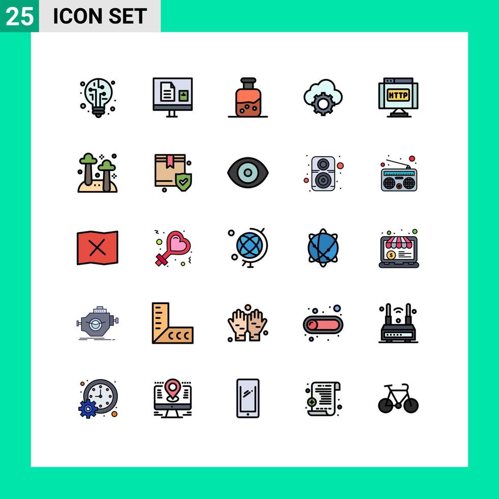 Gruppe von 25 modernen, gefüllten Linien-Flachfarben, die für Domain-Cloud-Lab-Computing-Cloud-editierbare Vektordesign-Elemente festgelegt werden vektor