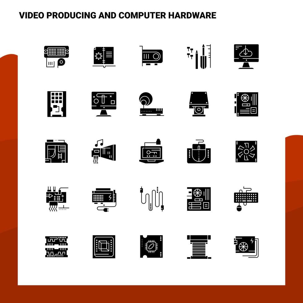 25 video producerar och dator hårdvara ikon uppsättning fast glyf ikon vektor illustration mall för webb och mobil idéer för företag företag