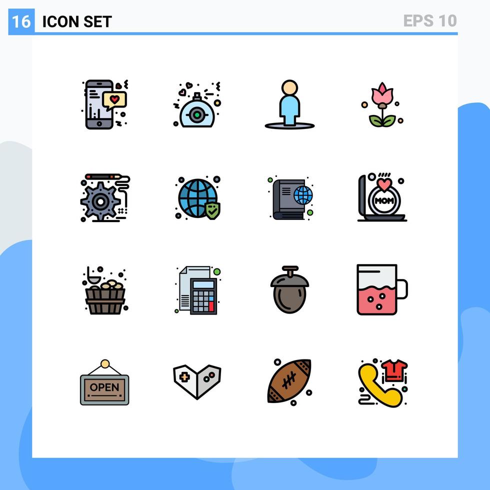 flache, farbgefüllte Linienpackung mit 16 universellen Symbolen der Globusentwicklung Avatar-Design-Blumen editierbare kreative Vektordesign-Elemente vektor
