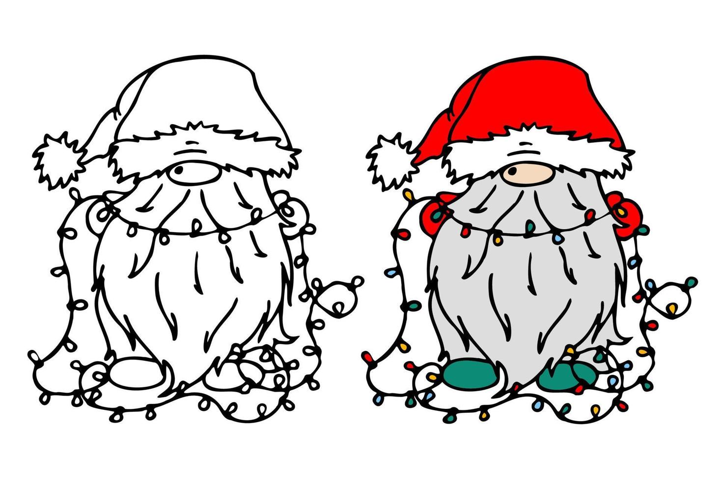 illustration mit einem süßen weihnachtszwerg, der eine weihnachtsbaumgirlande in seinen händen hält. Malbuch für Kinder. Silhouette vektor