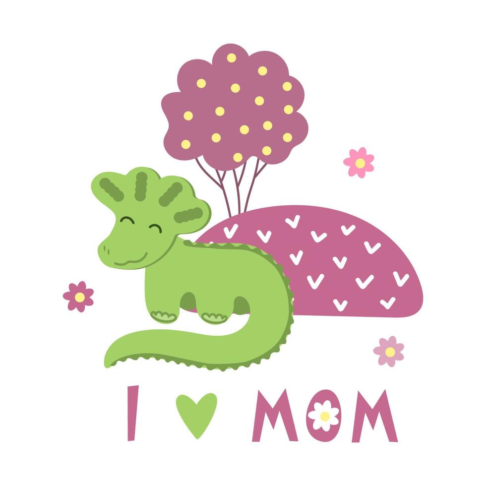 söt grön bebis dinosaurie dragen i barns stil med buske, blommor och text jag kärlek mamma. triceratops för utskrift på barn saker. vektor