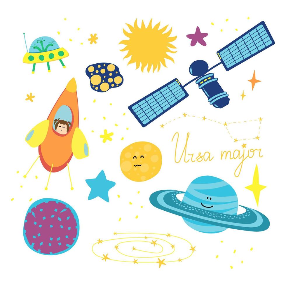 vektorillustration der kinder mit raumelementen auf einem weiß. Rakete, Sterne, Planeten, Komet, Astronaut, Konstellation, Satellit. vektor