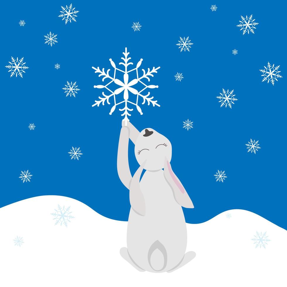 vit hare eller kanin fångster en faller snöflinga i de snö. Semester kort, symbol av 2023 vektor