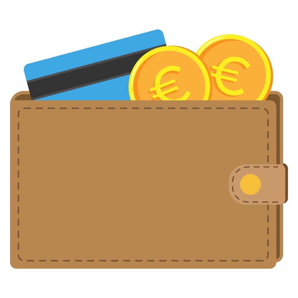 Brieftasche mit Euro-Münzen und Kreditkarte. flache vektorillustration. vektor