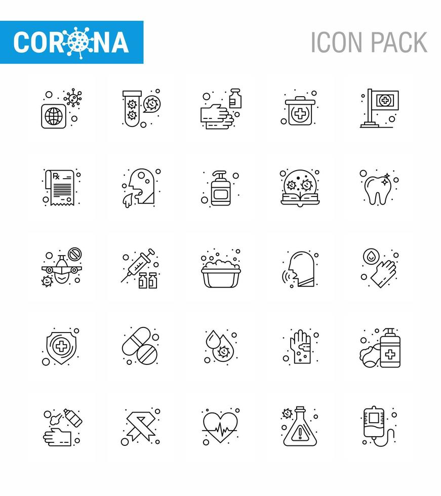 Das Coronavirus 25-Zeilensymbol, das zum Thema Koronaepidemie eingestellt ist, enthält Symbole wie Assistance Kit Virus Emergency Wash Virus Coronavirus 2019nov Disease Vector Design Elements