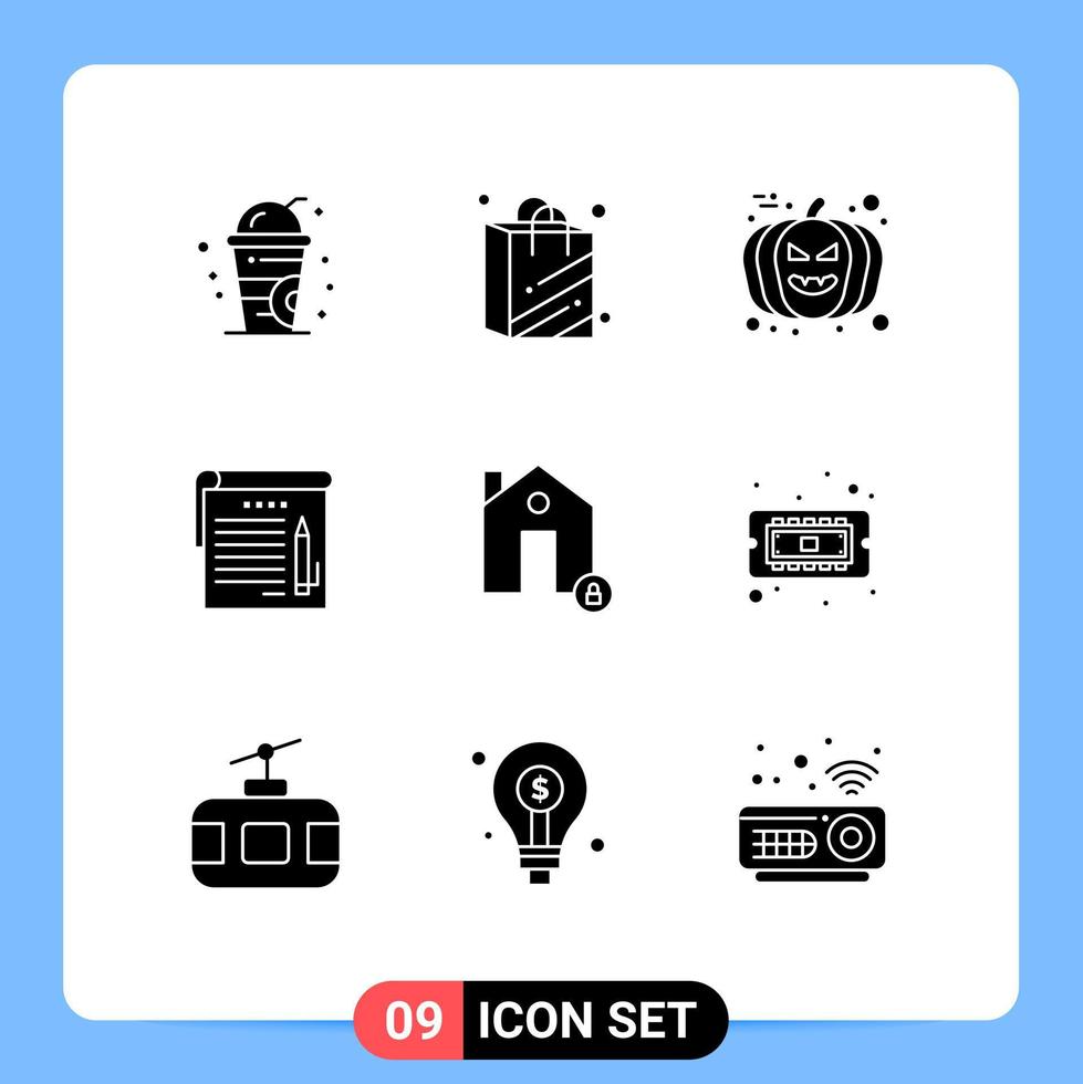 grupp av 9 modern fast glyfer uppsättning för låsa egendom pumpa byggnader notera redigerbar vektor design element