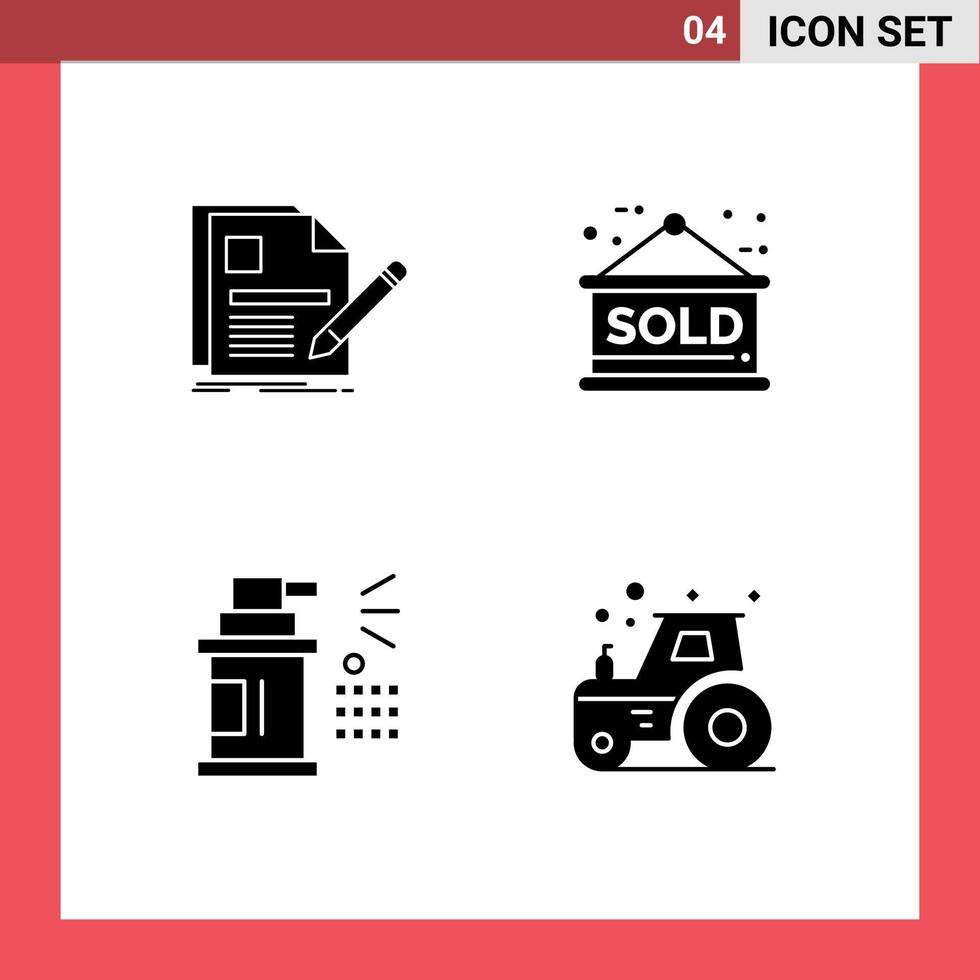 Stock Vector Icon Pack mit 4 Zeilen Zeichen und Symbolen für Dokument Flaschenstift verkauft Spray editierbare Vektordesign-Elemente