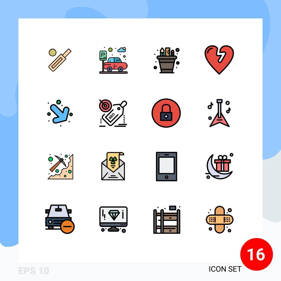 platt Färg fylld linje packa av 16 universell symboler av ner kärlek företag infarkt pott redigerbar kreativ vektor design element