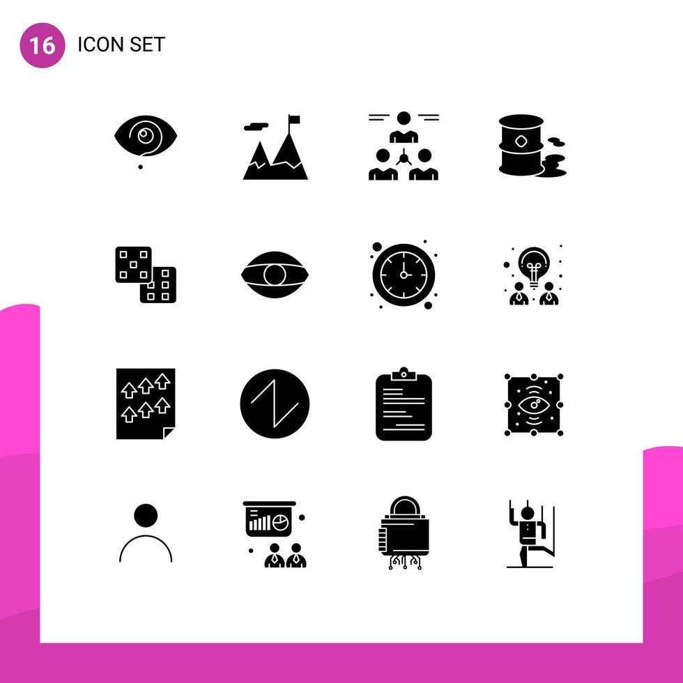 Packung mit 16 modernen soliden Glyphen Zeichen und Symbolen für Web-Printmedien wie Umweltverschmutzung Motivation Fässer Team editierbare Vektordesign-Elemente vektor