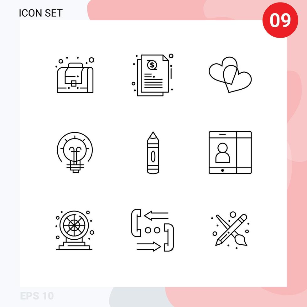 Gruppe von 9 modernen Umrissen für bearbeitbare Vektordesign-Elemente für mobile Bleistift-Liebeserziehungslösungen vektor