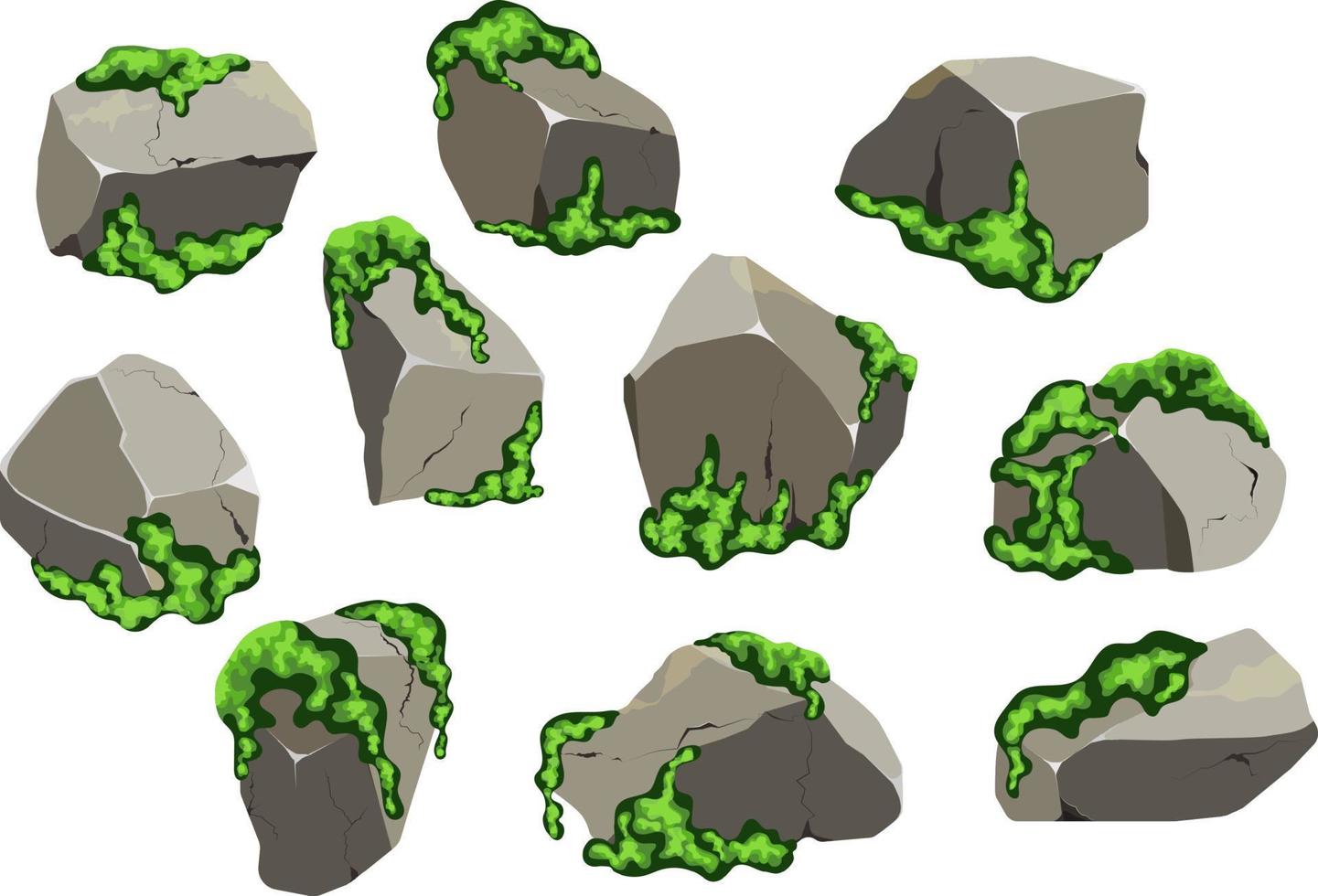 samling av stenar av olika former och moss.kustnära småsten, kullerstenar, grus, mineraler och geologisk formationer.rock fragment, stenblock och byggnad material. vektor