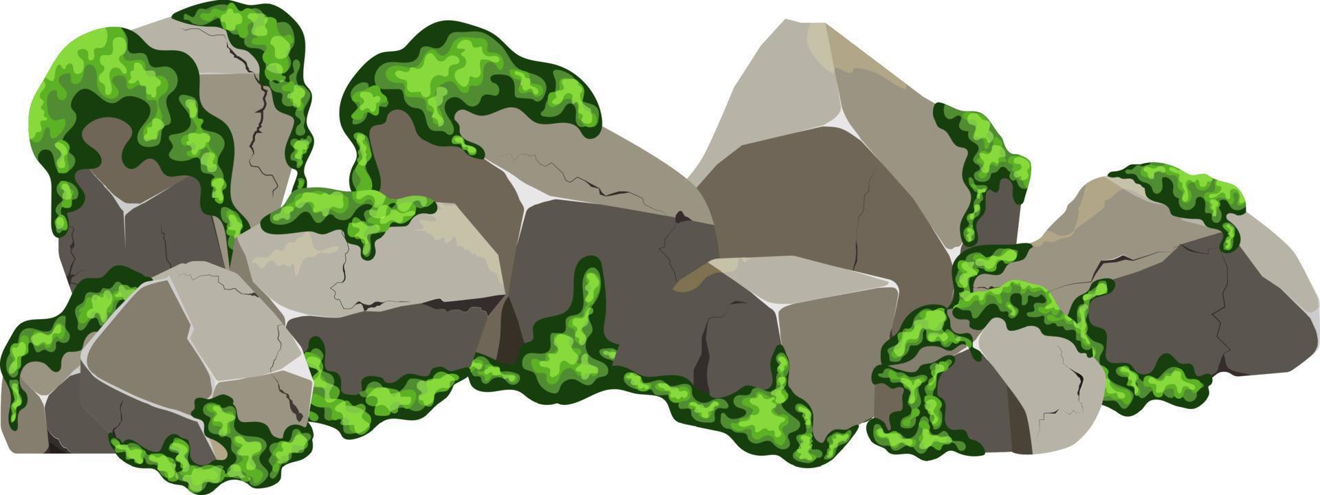 Sammlung von Steinen in verschiedenen Formen und Moos. Küstenkiesel, Kopfsteinpflaster, Kies, Mineralien und geologische Formationen. Gesteinsfragmente, Felsbrocken und Baumaterial. vektor