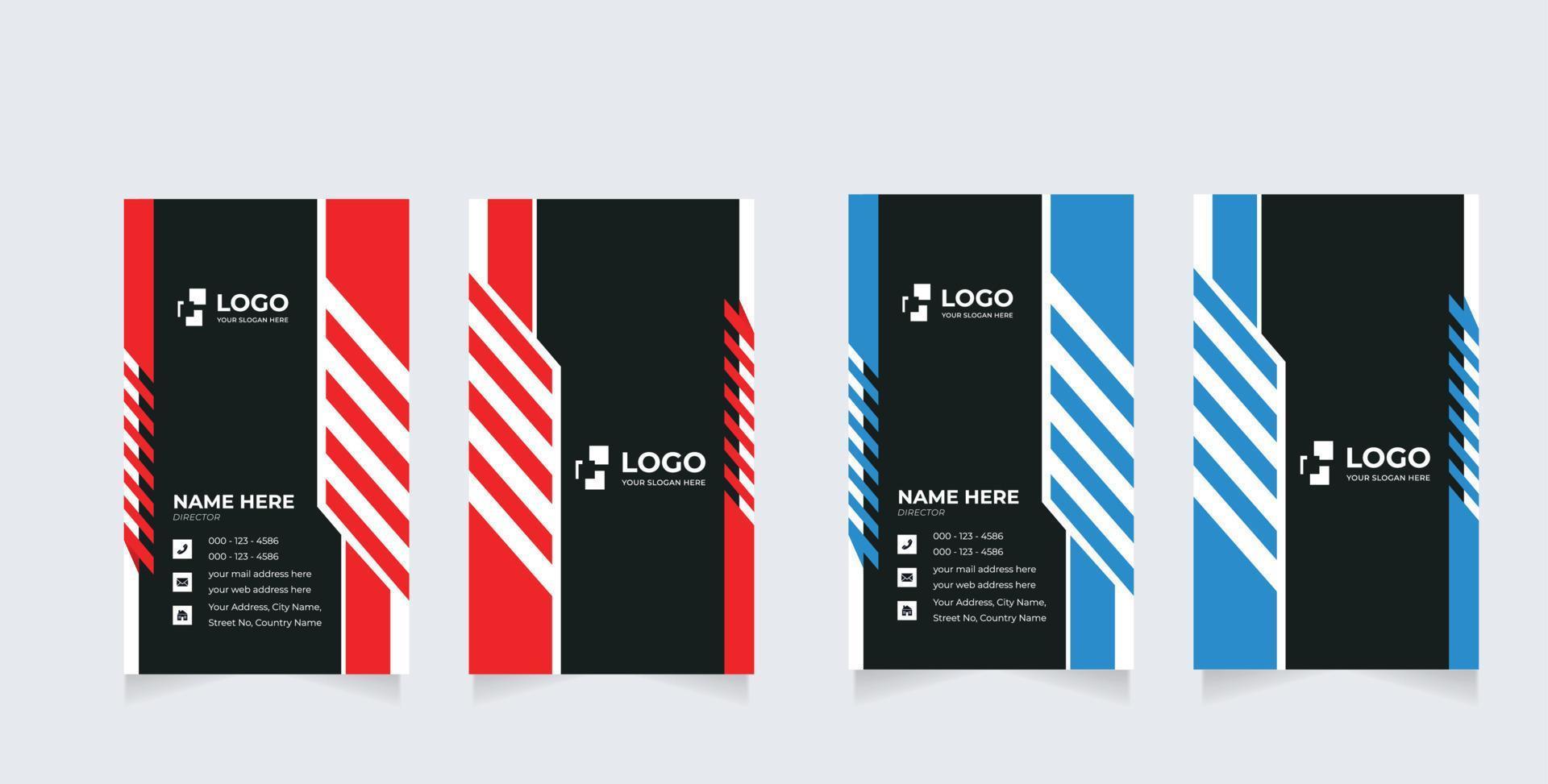vertikale doppelseitige visitenkartenvorlage. blaue und schwarze Farben. flache Design-Vektor-Illustration vektor