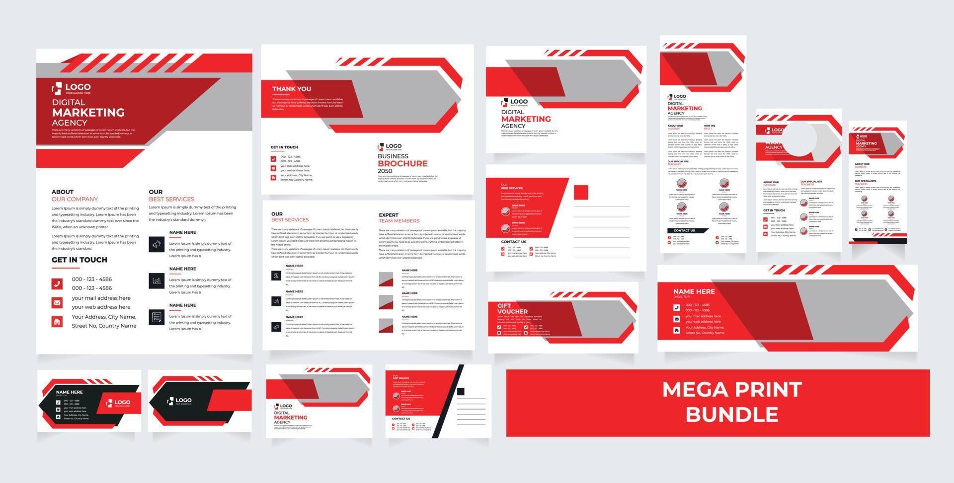 mega skriva ut bunt mall design. social media omslag, flygblad, broschyr design, dl flygblad, dörr galge, e-post signatur, emmd vykort, rulla upp baner, gåva kort kupong, företag kort vektor