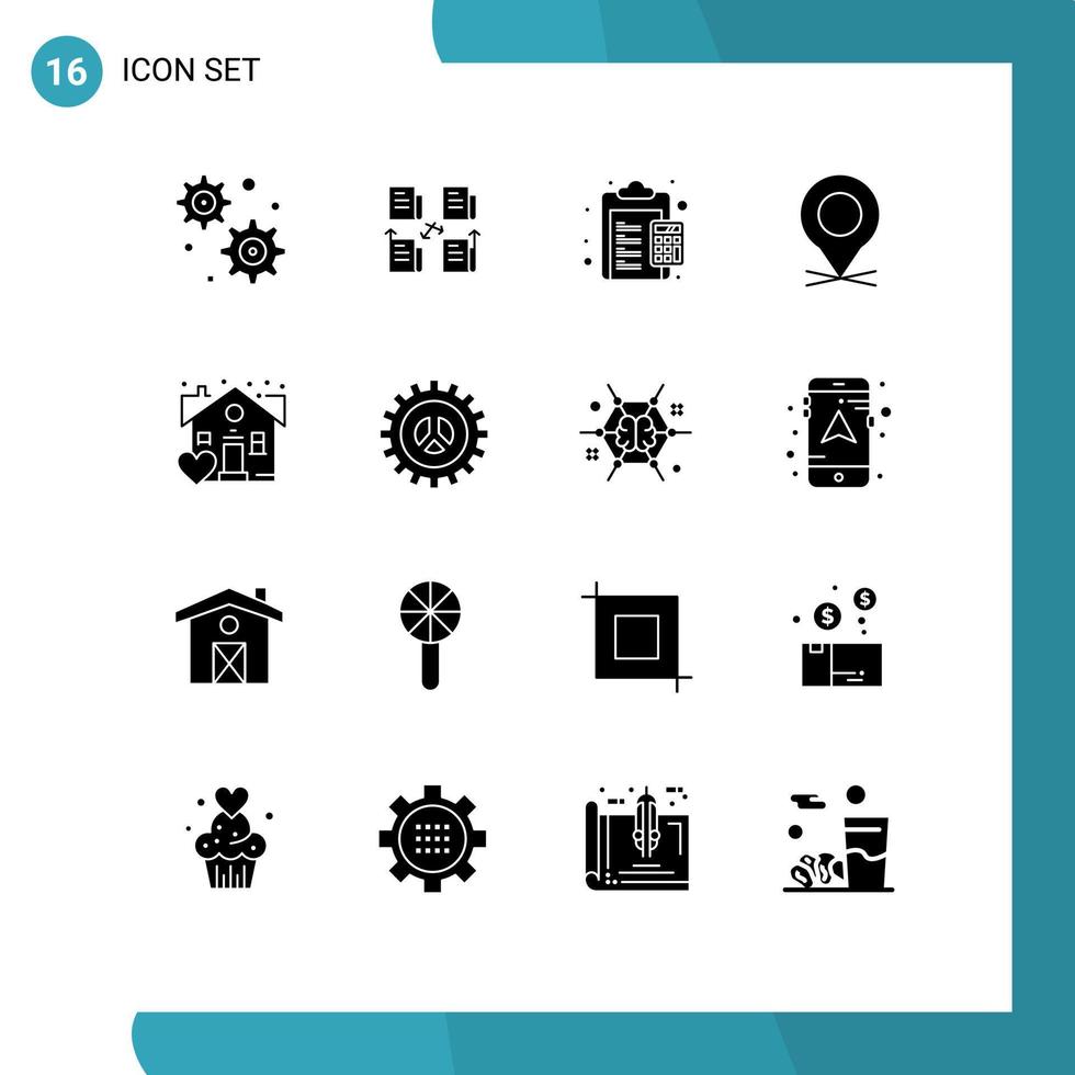 Solides Glyphenpaket mit 16 universellen Symbolen der bevorzugten Pin-Rechner-Zeigerposition, editierbare Vektordesign-Elemente vektor