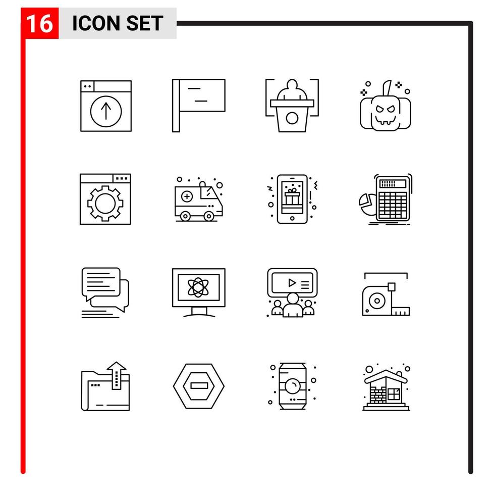universelle Symbolsymbole Gruppe von 16 modernen Umrissen der Notfall-Website-Präsentation seo beängstigend editierbare Vektordesign-Elemente vektor